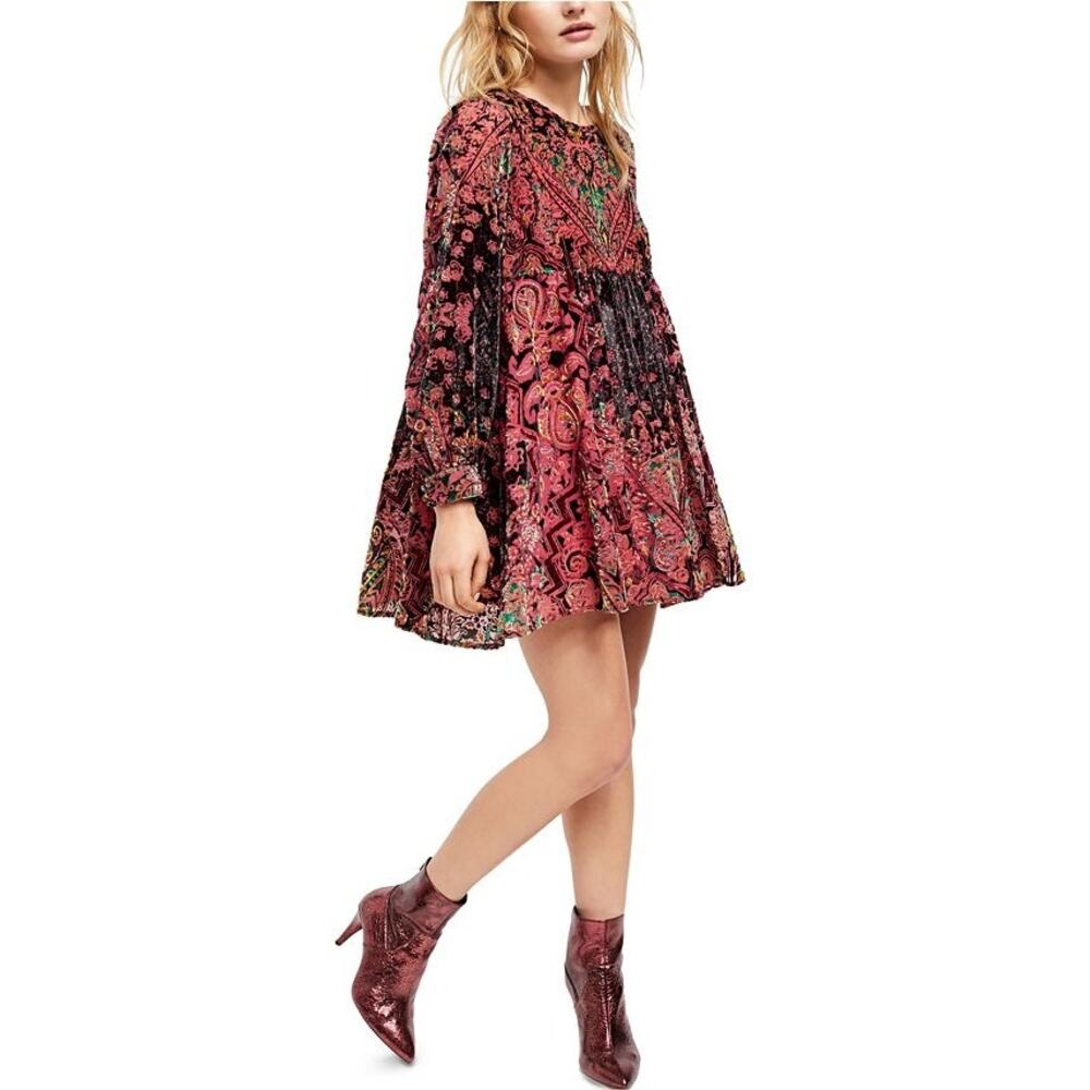 Free People Womens Mirror Mirror Velvet Burn Out Mini Dress Long Sleeve Red XS